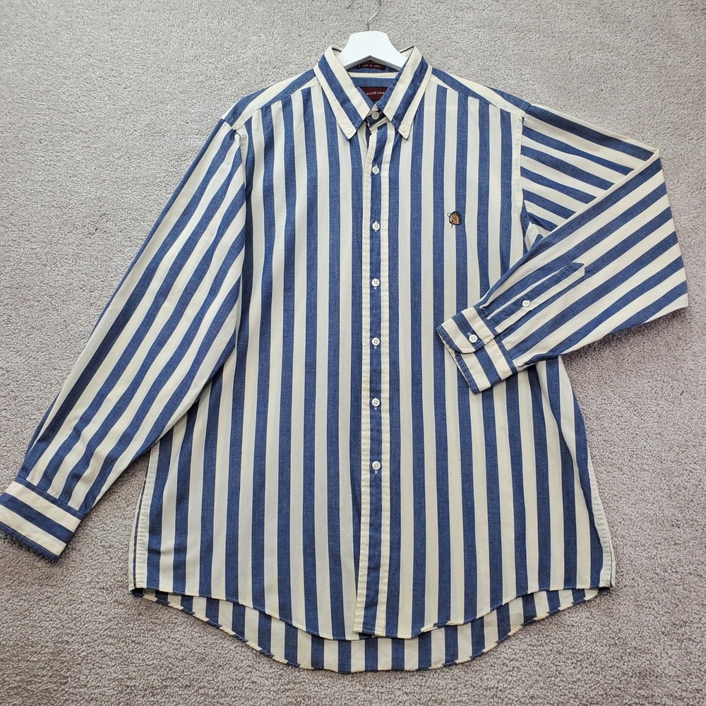 Chaps Ralph Lauren Button Down Mens Large Blue Stripe Excellent Vintage Crest